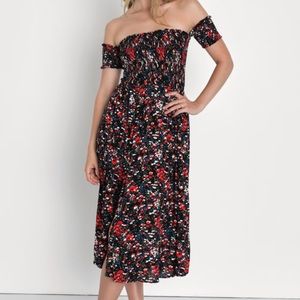 Lulu’s Black Floral Print Off-Shoulder Dress